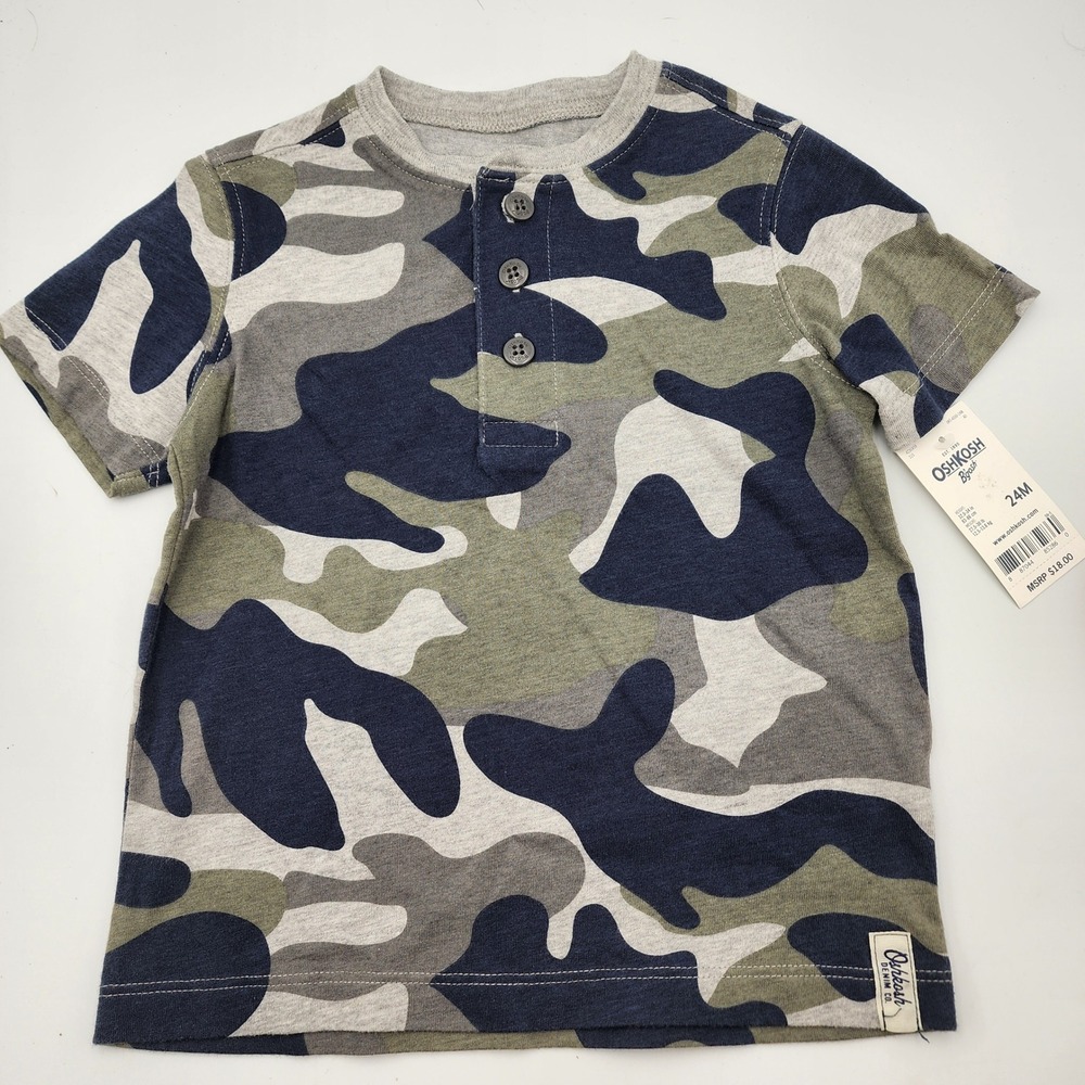 OshKosh Bgosh Boys Camouflage Button Henley T-Shirt Top Size 24M - Picture 1 of 6